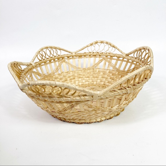 Woven Wicker Rattan Tan Basket Bowl MCM Farmhouse